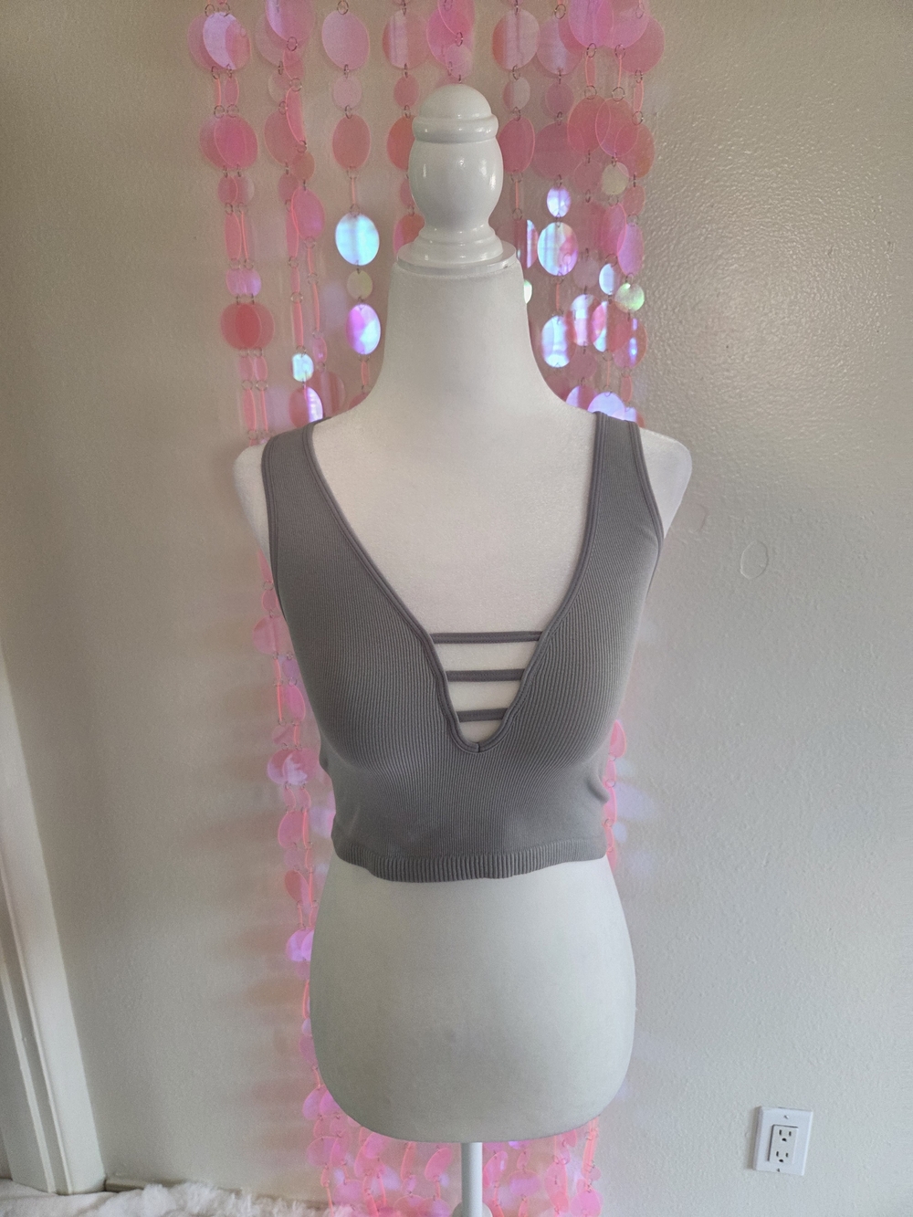 Free People Ribbed Grey V-Neck Strappy Crop Top